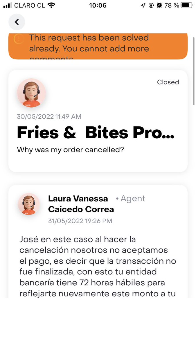 joseprades's tweet photo. @RappiChile Tengo un pedido que tuve que cancelar y me dijeron que supuestamente la devolución es en 72 horas y ya pasaron https://t.co/Se3c4yJHa8