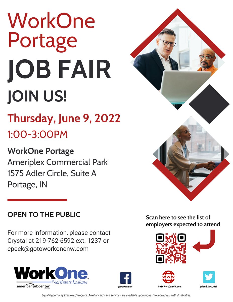 WorkOne_NWI's tweet photo. Join us at the WorkOne Portage Job Fair on Thursday, June 9, 2022, from 1-3 PM! This is a great chance to meet with multiple employers! https://t.co/h20HHUdw4H