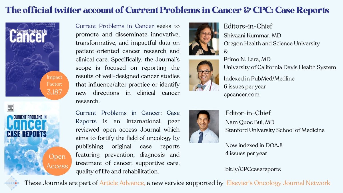 Excited to announce that Current Problems in Cancer & our #OpenAccess companion title, Current Problems in Cancer: Case Reports are on Twitter! Follow @CurrProbCancer for updates on the latest scientific developments published in our journals. #CurrProbCancer #CPCcasereports