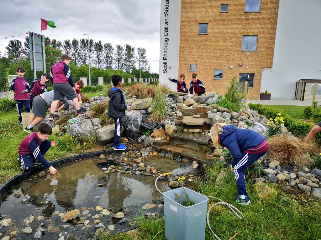scoil_an's tweet photo. Cleaning the weeds in and around our school pond and rockery. The boys then filled the pond up again so it is ready for SESE lessons, water safety lessons and even some mindfulness and meditation! #outdoorlearning #outdoorlearningireland @BioInSchools @HerInSchools https://t.co/m5VSXzelAj