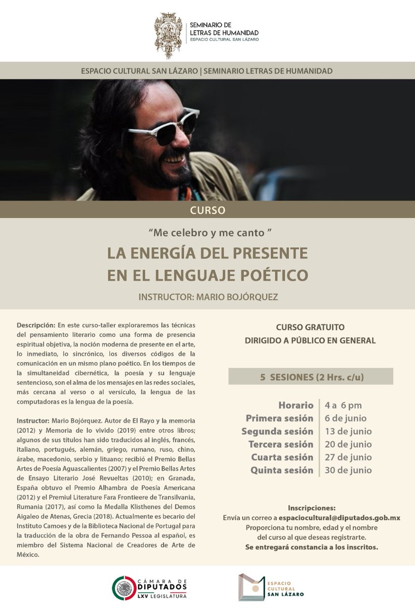 TaniaHernndezC5's tweet photo. El Espacio Cultural San Lázaro ofrecerá este extraordinario curso en línea. El poeta, escritor premio Alhambra y Aguascalientes de Poesía, Mario Bojórquez, dará claves para extraer la savia del presente  y hacerla correr en las venas de la literatura. Es gratuito. CUPO LIMITADO https://t.co/lHSEm2LBDu