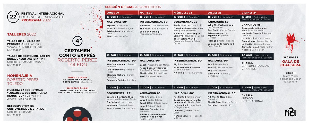 cinelanzarote's tweet photo. ¡Consulta la programación del #FICL22!
17-18 JUN: Homenaje a @mividarueda, retrospectiva y coloquio
19 JUN: Proyección de cortos exprés
20-23 JUN: Cortos documentales, animación, ficción nacional e internacional
24 JUN: Cortos canarios y charlas
25 JUN: Gala de clausura
1/3 https://t.co/HyxzaK5BWt