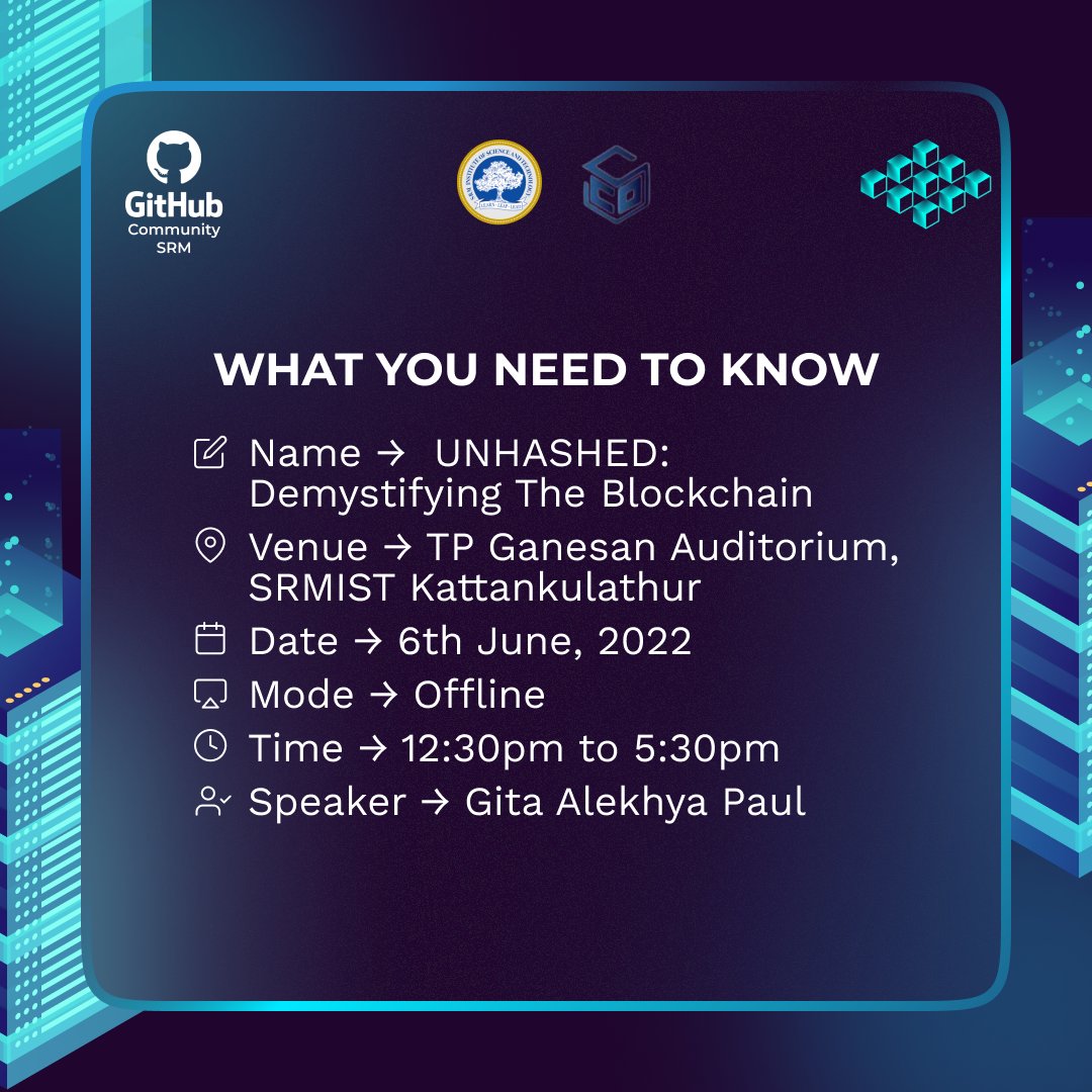 GithubSrm's tweet photo. Explore various benefits of Blockchain and Zilliqa with UNHASHED and brace yourselves for a thrilling ride with Zilliqa and Smart Contract.🤩
Register quickly!!
for an awe-inspiring event at https://t.co/mcQwj9BtyY🎉
#unhashed #blockchain #zilliqa #github #githubcommunity #srmist https://t.co/QT4QCbe63O