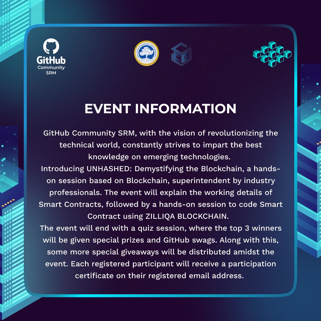 GithubSrm's tweet photo. Explore various benefits of Blockchain and Zilliqa with UNHASHED and brace yourselves for a thrilling ride with Zilliqa and Smart Contract.🤩
Register quickly!!
for an awe-inspiring event at https://t.co/mcQwj9BtyY🎉
#unhashed #blockchain #zilliqa #github #githubcommunity #srmist https://t.co/QT4QCbe63O