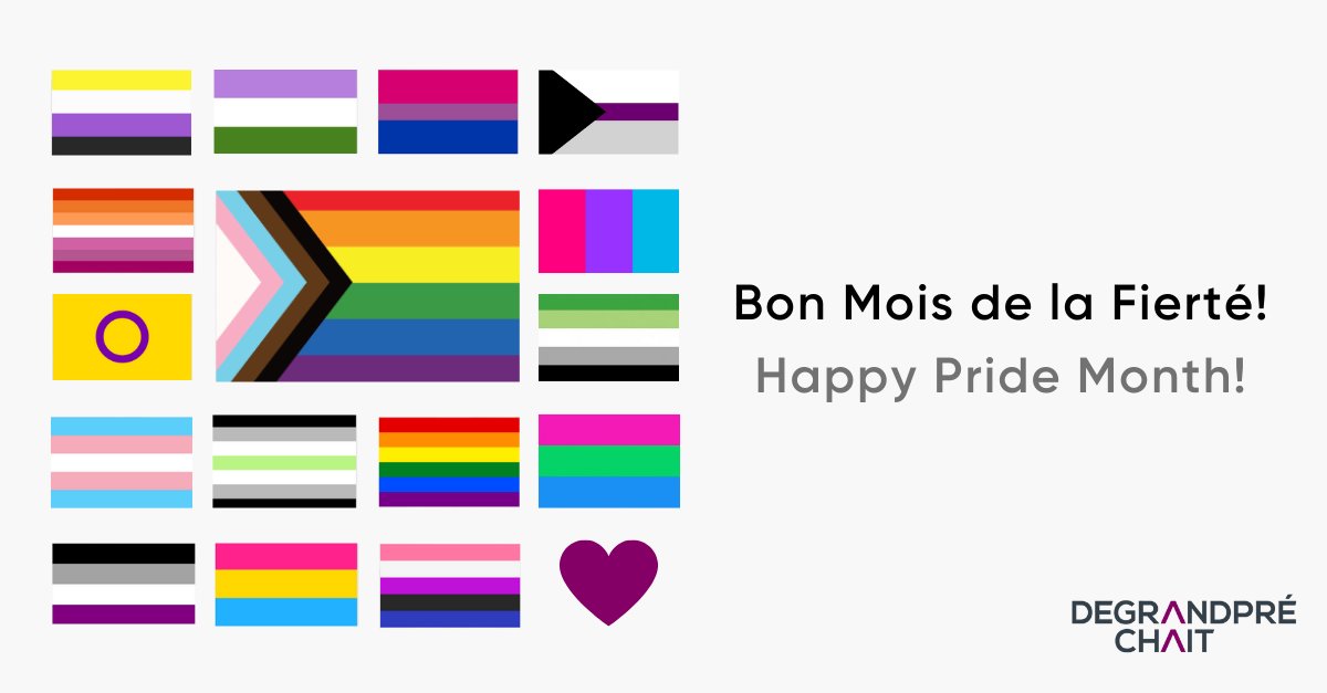 DeGrandpreChait's tweet photo. De Grandpré Chait est fier de célébrer la diversité, et d’appuyer la communauté LGBTQI2S+ en créant un environnement de travail inclusif, et ce, 365 jours par année. 

💜Bon Mois de la Fierté! 
💜Happy Pride Month! 

#Moisdelafierte #PrideMonth https://t.co/D5Ai9o1oOF