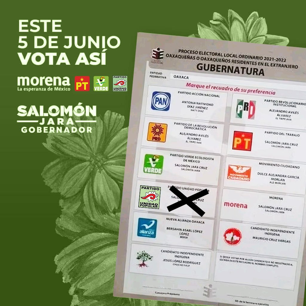 PUPOax's tweet photo. Este domingo 5 de junio vamos a las urnas y por eso es muy importante que sepas cómo votar.
 Cruza la boleta en el logotipo del PARTIDO UNIDAD POPULAR y vamos juntos por un mejor Oaxaca.
¡Hagamos valer la democracia en nuestro estado! https://t.co/9eGeXeZ3SZ