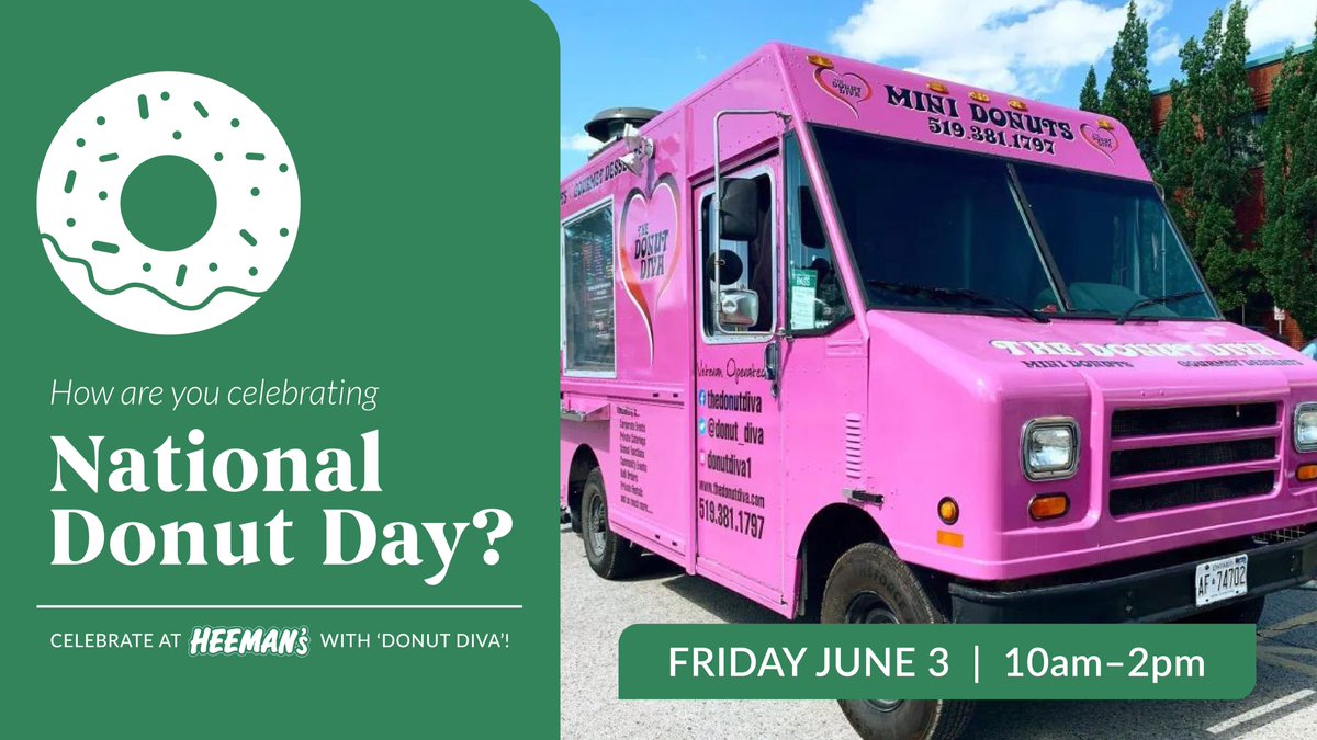 This Friday is #NationalDonutDay. 🍩 Celebrate at Heeman's with some delish @Donut_Diva donuts!

Dee will be here from 10am to 2pm - grab yourself some mini donuts with your plants on the 3rd.