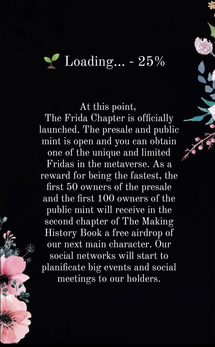 MHBcollection's tweet photo. 🌸ROADMAP REVEAL🌸

#FridaKahlo #roadmap #nftart #NFTCommunity #ETH #openseaart #NFTs #OpenSeaNFT #nftcollector https://t.co/7pkGSe8N8K