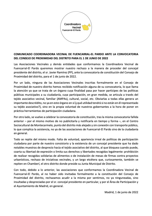 Ante la falta de publicidad de la convocatoria de constitución del #ConsejoProximidad previsto para hoy en #FuencarralElPardo, desde la <a href="/CoordVecinalFEP/">Coordinadora Vecinal Fuencarral-El Pardo</a> habíamos preparado un comunicado. Lo que no esperábamos es que <a href="/Jrcramirez/">Javier Ramírez</a> lo desconvocara de igual modo (vía tuit).