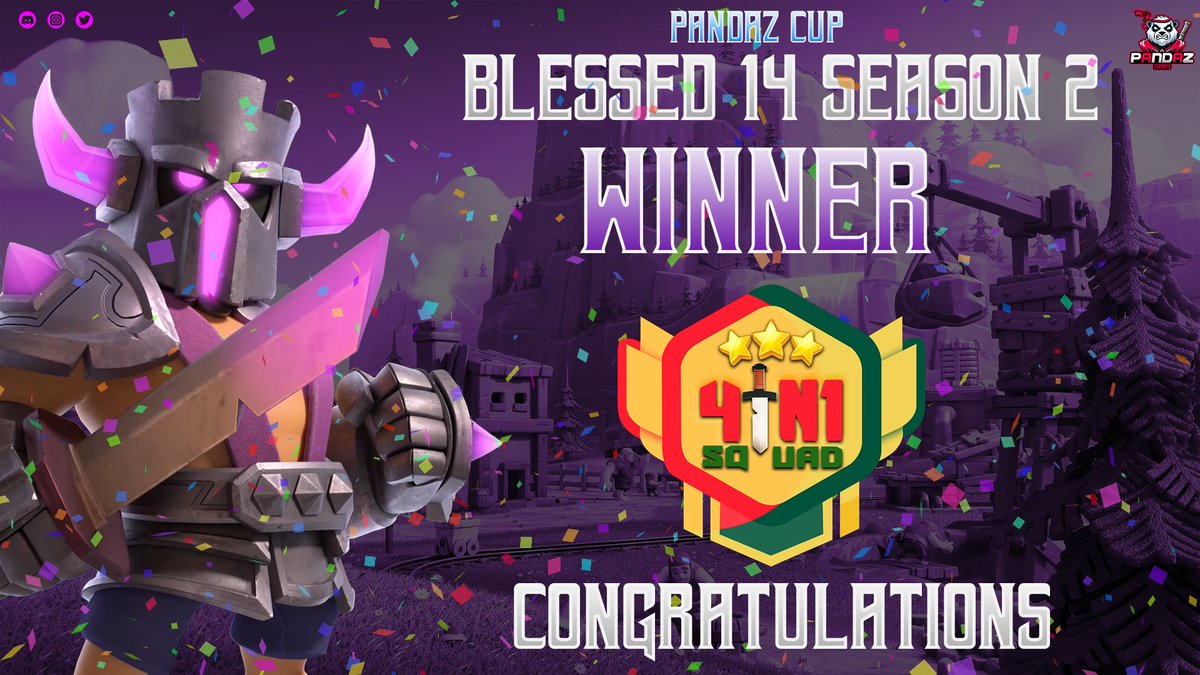 Congratulations to <a href="/4in1_COC/">4 in 1</a> on winning Pandaz Cup Blessed 14 S2!!
Also, thanks to Manny the Miner and <a href="/DesignW27/">Design Wonderland</a> sponsoring us in this division of the season!!

#ClashOn #ClashOfClans #pandazesports