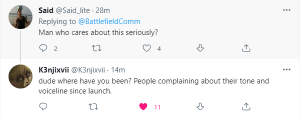 Whiskeylung's tweet photo. RE: The silly #BF2042 voicelines, they announced they'll be making them suit the tone of the game better. Here is how the audience is receiving it:
#BattlefieldinaNutShell #Stupidcommunity https://t.co/zPq6dLhBB6