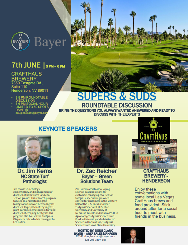 DigDougTurf's tweet photo. If you are in the Las Vegas or St. George area come join us for an informative round table discussion with industry experts. Bring your assistants and any other future superintendents. Best of all, it's free! RSVP with me ASAP, 50 spots available. https://t.co/1KyV7L4ZGk