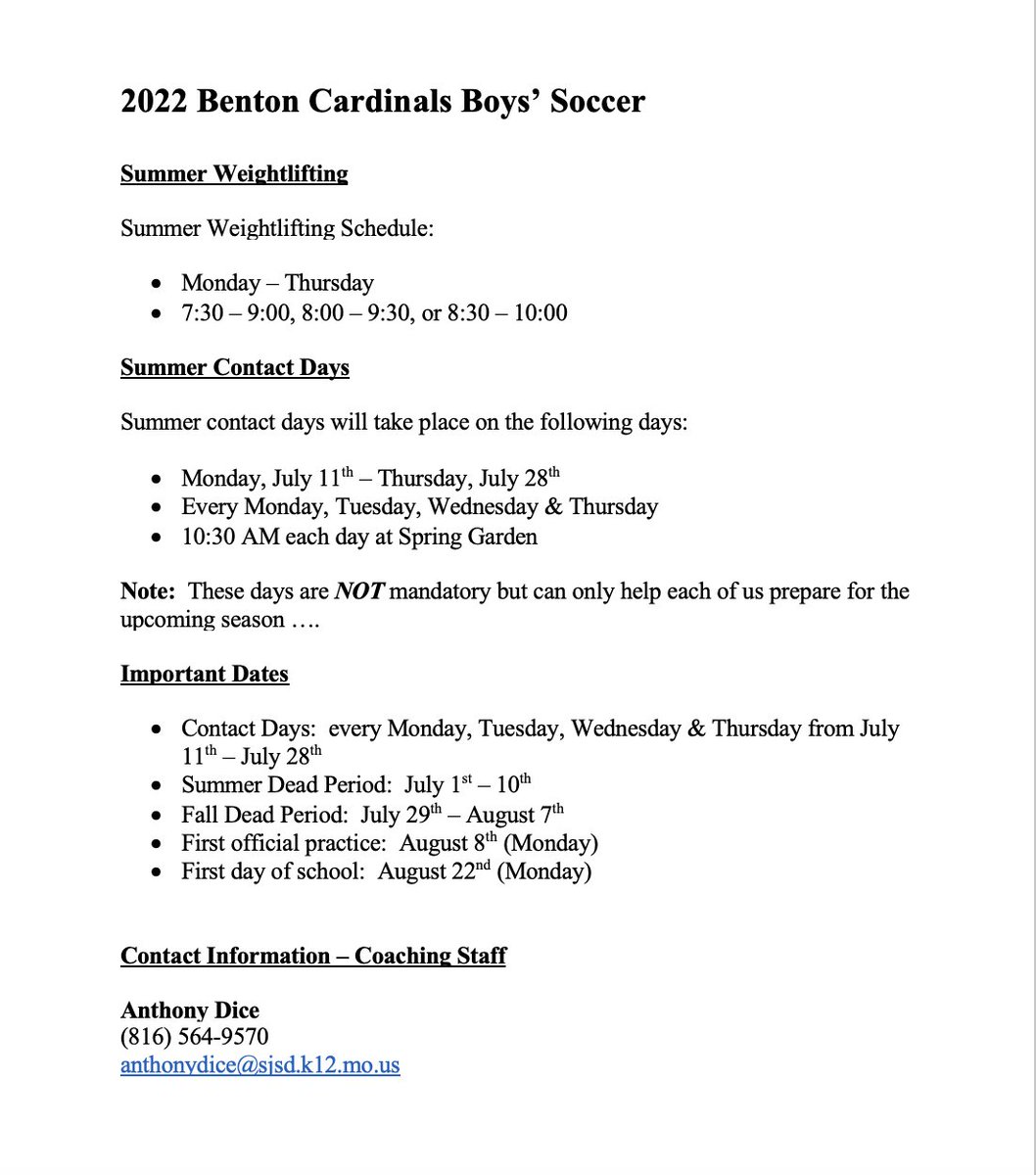 Attention Benton Boys' Soccer Players

Here is a list of information for the summer workout program and summer practices. Send me a message if you have any questions.