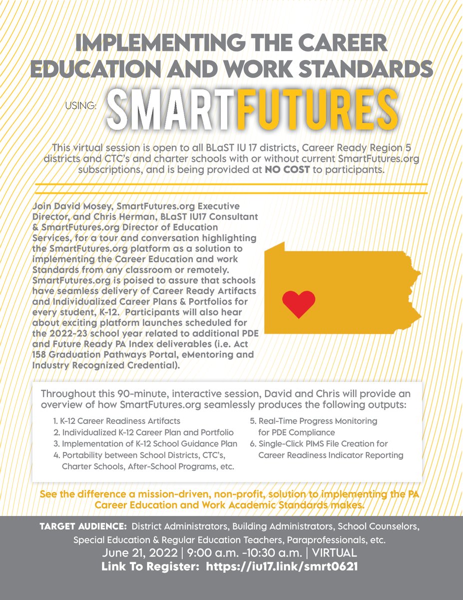 Join David Mosey, <a href="/SmartFutures/">Smart Futures</a> Executive Director, and Chris Herman, #IU17 Consultant &amp; SmartFutures Director of Education Services, as they dive into conversations highlighting the platform, Career Education &amp; more! Go to iu17.link/smrt0621
<a href="/PADeptofEd/">PA Department of Education</a> <a href="/PAIU/">PAIU</a> #CareerReadyPA