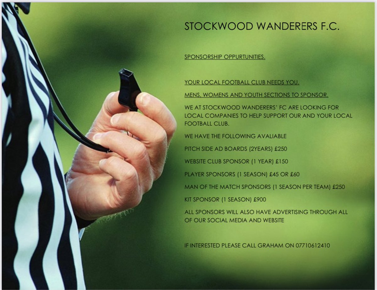 Stockwood Wanderers FC (@stockwoodwands) on Twitter photo Sponsorship availability at <a href="/Stockwoodwands/">Stockwood Wanderers FC</a> please contact us if this is something you may be interested Sponsorship availability at <a href="/Stockwoodwands/">Stockwood Wanderers FC</a> please contact us if this is something you may be interested