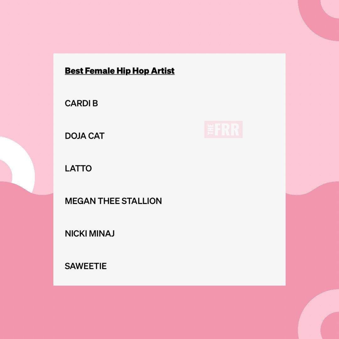 girlsinrap's tweet photo. .@iamcardib, @theestallion, @DojaCat, @Latto, @NICKIMINAJ and @Saweetie are nominated for Best Female Hip Hop Artist at the 2022 BET Awards. https://t.co/tHN7VaNPVW