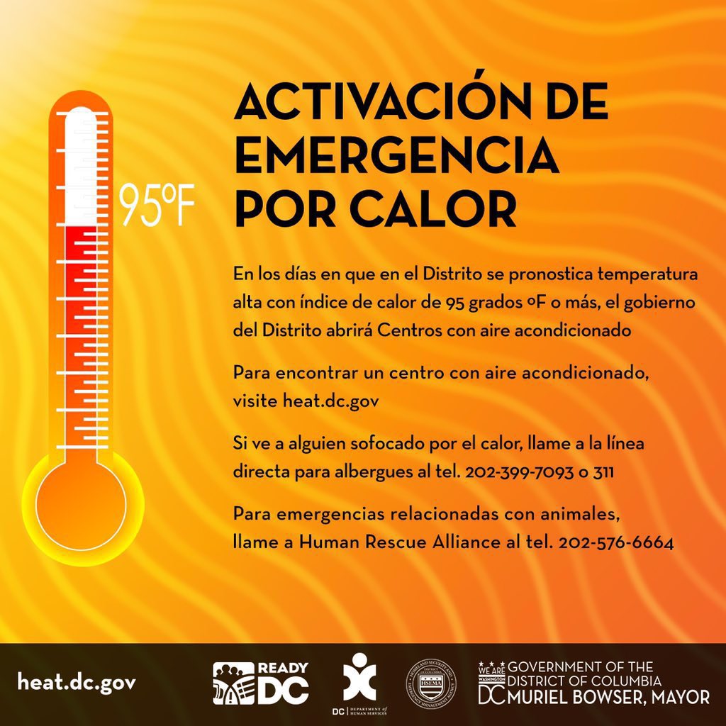 Partnershipdc's tweet photo. DCHumanServ: 6/1: DC’s Heat Emergency is ACTIVE until 6 PM this evening.

☀️ Help protect vulnerable neighbors from weather related injury or death. 

👀 If you see someone in need of shelter, call: 

☎️ The Shelter Hotline at (202) 399-7093 or 311.

… https://t.co/xeLDJEkFdU