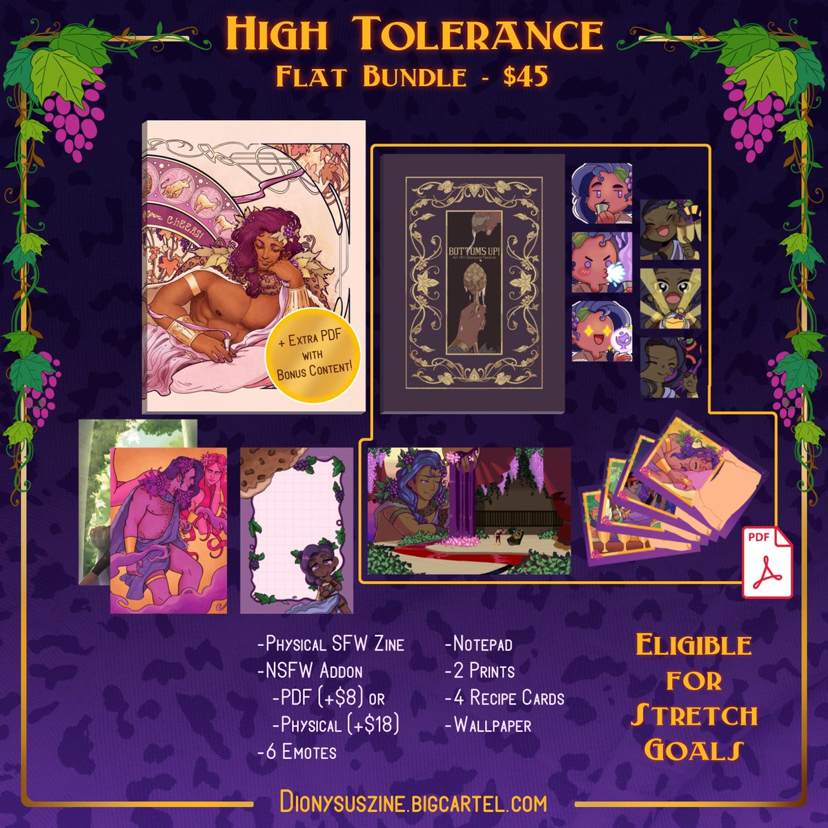 🥃 High Tolerance - Flat Bundle ($45)🥃 

Including:
• SFW Physical (8x10in, perfect bound) + Digital
• 2 prints
• Notepad
• 6 emotes
• 4 recipe cards
• Wallpaper

Add-on:
• NSFW Physical (A5, stapled) ($18USD)
• NSFW Digital ($8USD)
• Both ($25USD)

All Stretch goals!