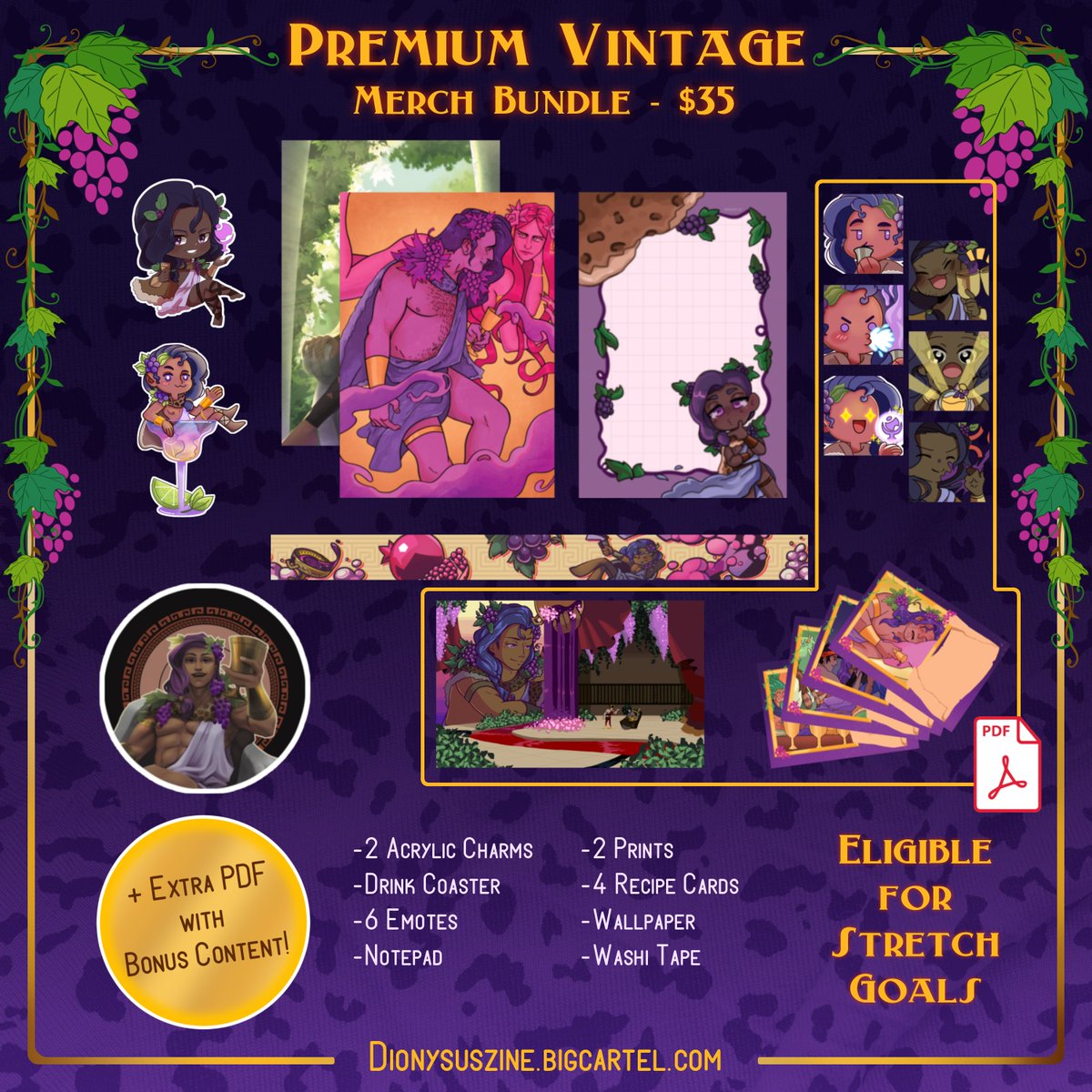 🍷 Premium Vintage - Merch Bundle ($35) 🍷 

Including:
• All digital and physical merch!

Add-on:
• SFW PDF Zine ($5USD)
• NSFW PDF Zine ($8USD)
• SFW and NSFW PDF Zine ($10USD)

Stretch goals: Podfics, Sticker sheet and Upgraded Prints!