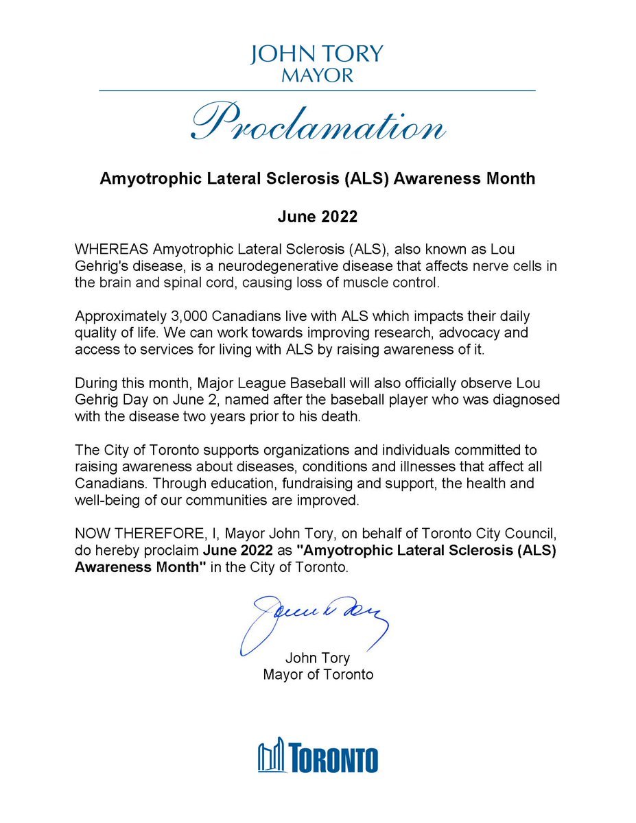Thank you to the <a href="/cityoftoronto/">City of Toronto 🇨🇦</a> and Mayor <a href="/JohnTory/">John Tory</a> for declaring June 2022 #ALSAwarenessMonth in Toronto! 💜 See the proclamation below: