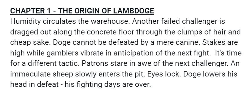 LambDoge's tweet photo. We are excited to finally announce the winning story and the front cover of "Chapter 1 - The Origin of LambDoge"!

The full manga comic will be sold as an NFT on the @LamdenTau NFT Marketplace (to be released in the near future) in limited quantities!

https://t.co/k556AnhgkS https://t.co/JOfkO6wiQC