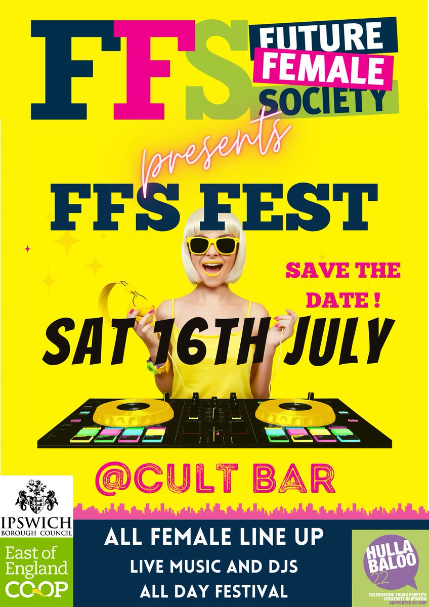 FFS1future's tweet photo. We have been dying to tell you...
We are running our own FESTIVAL
***FFS FEST***
With an ALL-FEMALE LINE-UP of local artists and Dj's
On the 16th July
Save the Date!
Kindly sponsored by @EoECoop, @IpswichGov and ICEP ipswich #hullaballoo2022
#FFSfest #ipswichfestival https://t.co/vdCmUK4Jv3