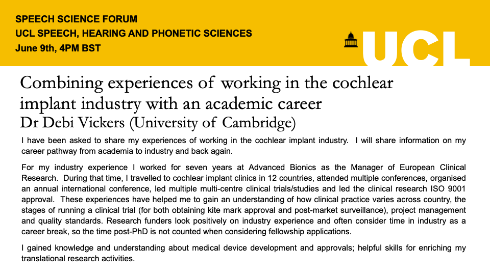 Next Thursday (9th), 4PM BST will be the final SSF this academic year! Dr Debi Vickers will be sharing her experiences of working in the CI industry. Details: ucl.ac.uk/pals/events/20…

This will be a hybrid talk in Chandler House 118 and on Zoom simultaneously. DM for link!