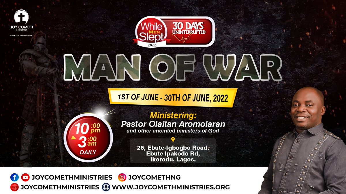 JoyComethmins's tweet photo. It is time!!!
Are you ready to soar with us?
Join us for the first day of MAN OF WAR.
Time: 6:00pm
Join us onsite or on our streaming platforms.
Come and enjoy the presence of God.
#jcm
#Joycometh
#JoycomethMinistry https://t.co/U7gmOMgyp3