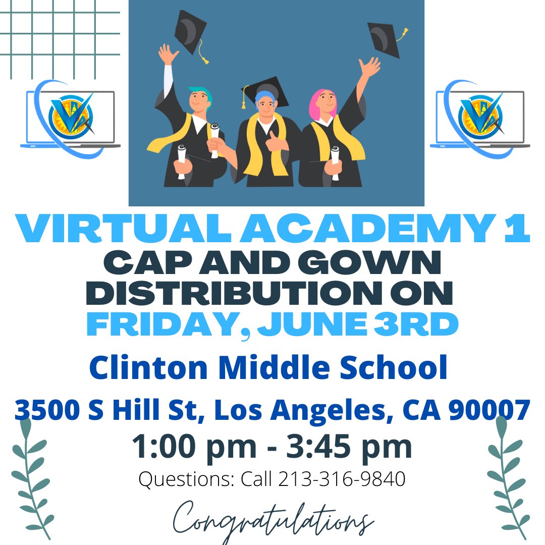 Graduating Seniors! Your cap and gowns are ready for pick up. Friday, June 3rd at Clinton Middle School between 1pm - 3:45 pm.