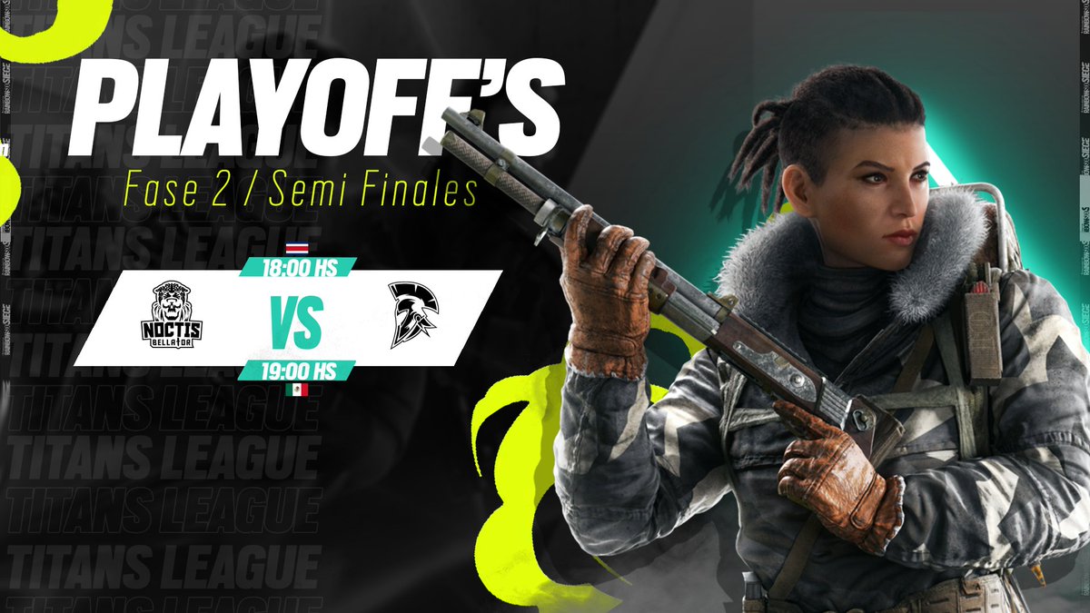 #Fase2 / #Playoffs 

No te pierdas la Semi Final de la Liga de Titanes, HOY en vivo tendreemos el enfrentamiento entre <a href="/CrkgEsports/">CRKG ESPORTS</a>  vs <a href="/Noctis_Bellator/">Noctis Bellator</a> 

twitch.tv/titansleague

@R6esportsLATAM