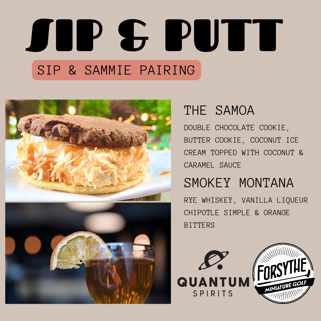 Everything Thursday we have a pop-up bar @forsytheminigolf from 6:30-8:30p (weather permitting) and each week we're featuring a special cocktail and ice cream sammie pairing!  We'll have other cocktails available as well.  Mark your calendars for a Thursday night out!