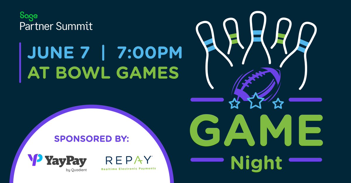 Let the good times roll at the #SagePartnerSummit in Dallas, TX! Join REPAY &amp; @goyaypay for our after-party game night at Bowl Games Dallas from 7-10 pm! 🎳

Whether you love games or just want to network - we want you to join us for great food, drinks, and fun games!