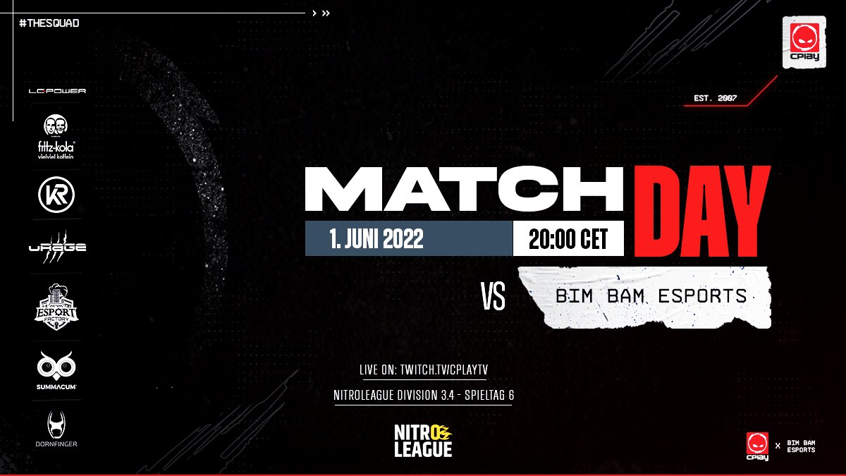 [#RocketLeague #Academy] 

Heute geht's direkt weiter in der <a href="/NitroLeagueRL/">Nitro League Legacy</a>🔥🔥
Spielen gleich gegen 'Bim Bam Esports', glhf!👊

🕗20:00 Uhr
📺twitch.tv/cplaytv
🎙<a href="/SuaheliTV/">SuaheliTV</a>🤝

<a href="/VeX_RL18/">VeX-RL</a> <a href="/macloud_RL/">macloud</a> @xvsweazz 
#THESQUAD