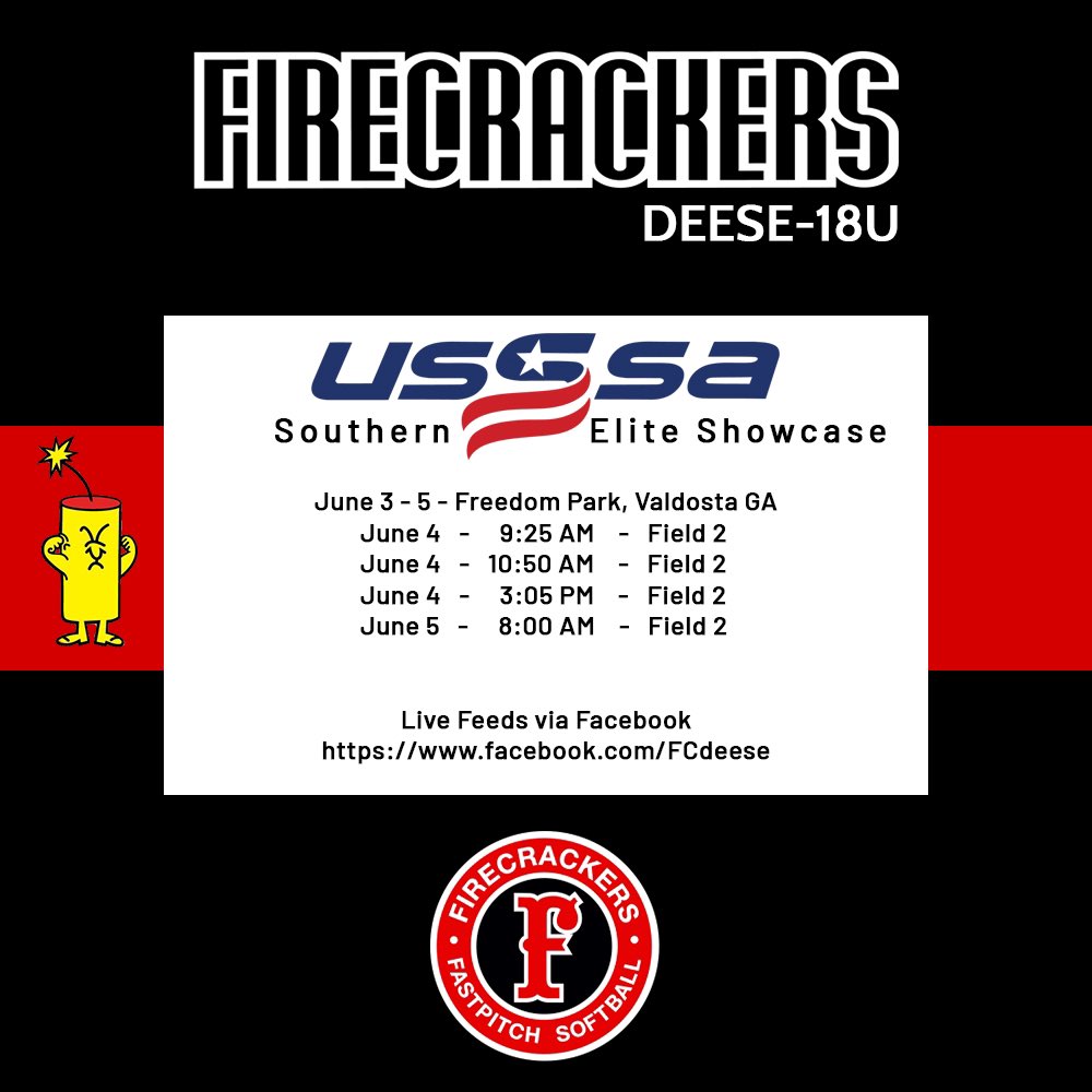 Our schedule for <a href="/USSSAFastpitch/">USSSA Fastpitch</a> Southern Elite Showcase this weekend. Come see us! #firecrackersoftball <a href="/FirecrackersGe1/">Firecrackers Georgia</a>