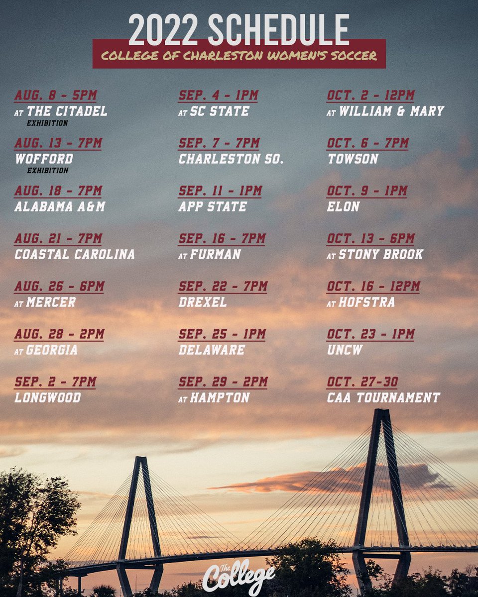CofCWSOC's tweet photo. The 2022 Schedule is here ‼️

We can't wait to see you at Patriots Point this fall!

🔗 https://t.co/FaPdR1otJa

#comeCus 🌴⚽️ https://t.co/iHTrfaCtr2
