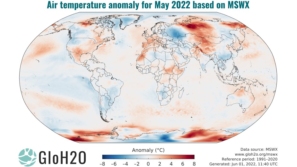 The global average air temperature for May 2022 was 0.24 °C above the 1991–2020 average. Exceptional warmth in northwestern Siberia in particular.