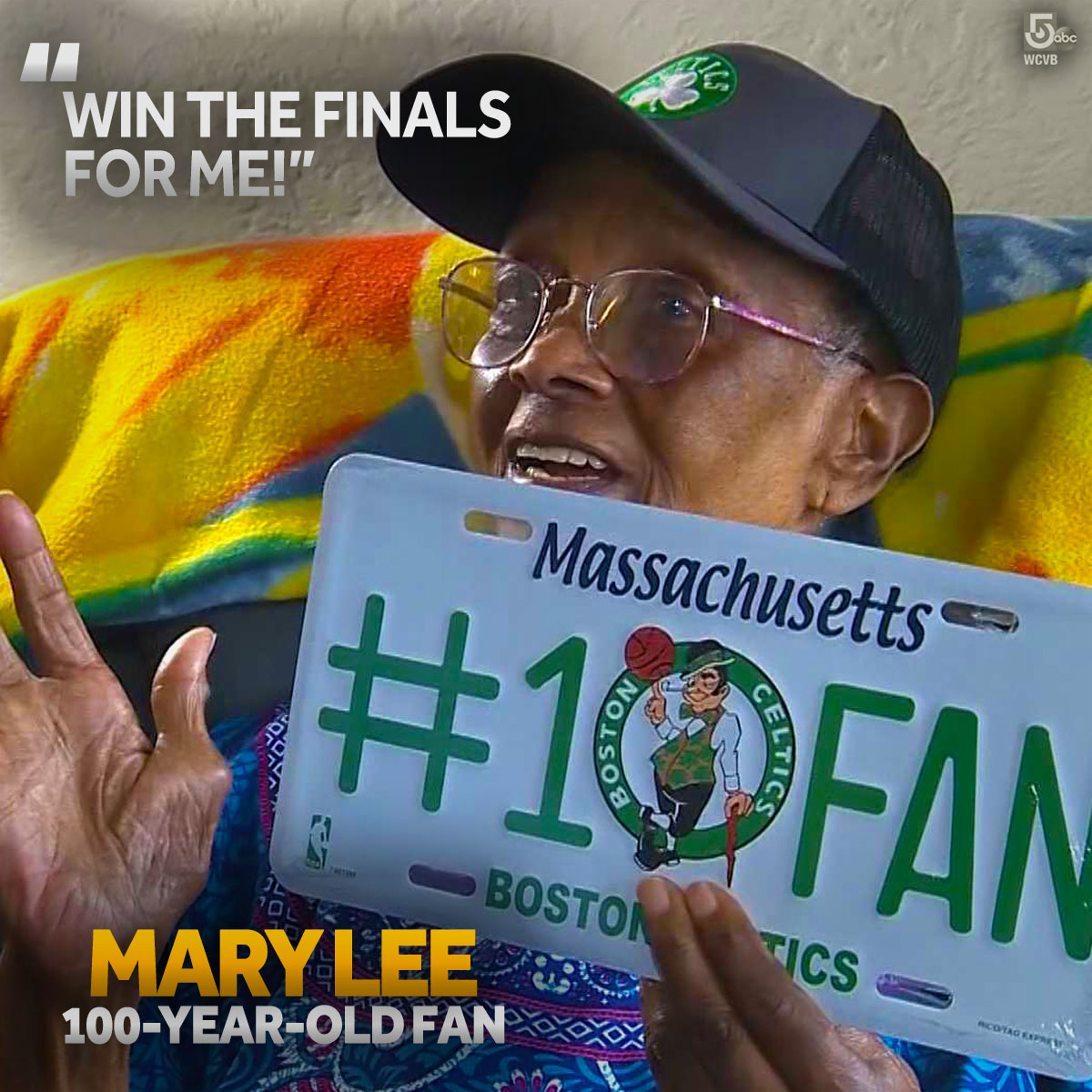 WCVB's tweet photo. This message is addressed to the #Boston @Celtics from Dorchester's Mary Lee, who turned 100 last week! 🎉☘🏀  https://t.co/dCPuFxQlqY https://t.co/3ieiJ2E7QV