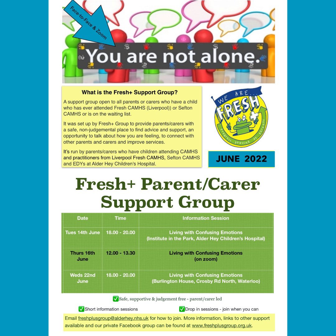 Fresh+Group (@freshplusgroup) on Twitter photo ➡️ Parent/Carer Support Groups in June ⬅️
We have face-2-face groups in #Liverpool & #Sefton + a Zoom group this month (see poster).
Run with clinicians from @alderhey, <a href="/CamhsSefton/">Sefton CAMHS and Sefton MHST @ Alder Hey</a> & <a href="/EDYSAlderhey/">EDYs @ Alder Hey</a>
No need to book, join us for a cuppa & chat for as much time as works for you 😊 ➡️ Parent/Carer Support Groups in June ⬅️
We have face-2-face groups in #Liverpool & #Sefton + a Zoom group this month (see poster).
Run with clinicians from @alderhey, <a href="/CamhsSefton/">Sefton CAMHS and Sefton MHST @ Alder Hey</a> & <a href="/EDYSAlderhey/">EDYs @ Alder Hey</a>
No need to book, join us for a cuppa & chat for as much time as works for you 😊