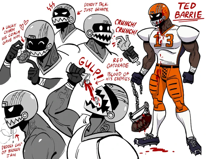 I decided to make some Slasher Frat bros OCs. First runner up is Ted Barrie, a football jock who gets his gains from human meat. 🏈 