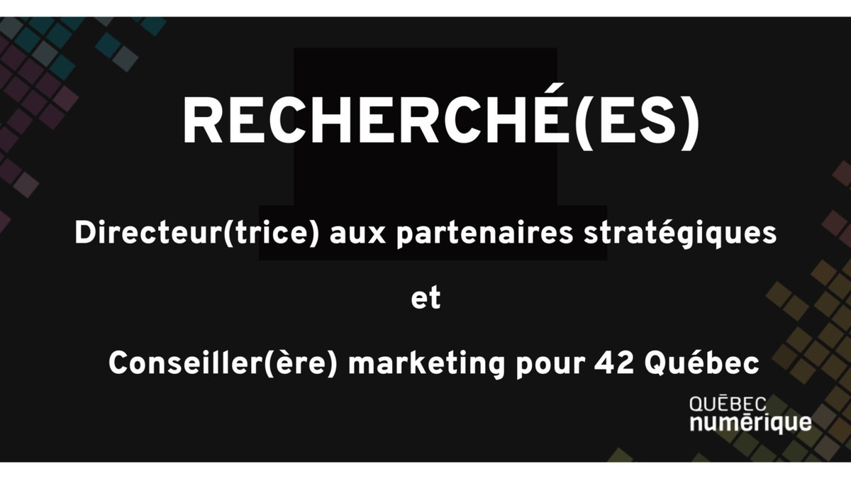 RECHERCHÉ(ES)! 👀 🔎  
Directeur(trice) aux partenaires stratégiques et conseiller(ère) marketing pour 42 Québec! Aidez-nous à les retrouver! D'excellents avantages et une équipe de licornes en feu les attendent! 🦄🔥🦄 

Ils peuvent en apprendre plus ici: kont.ly/d7c5dff7