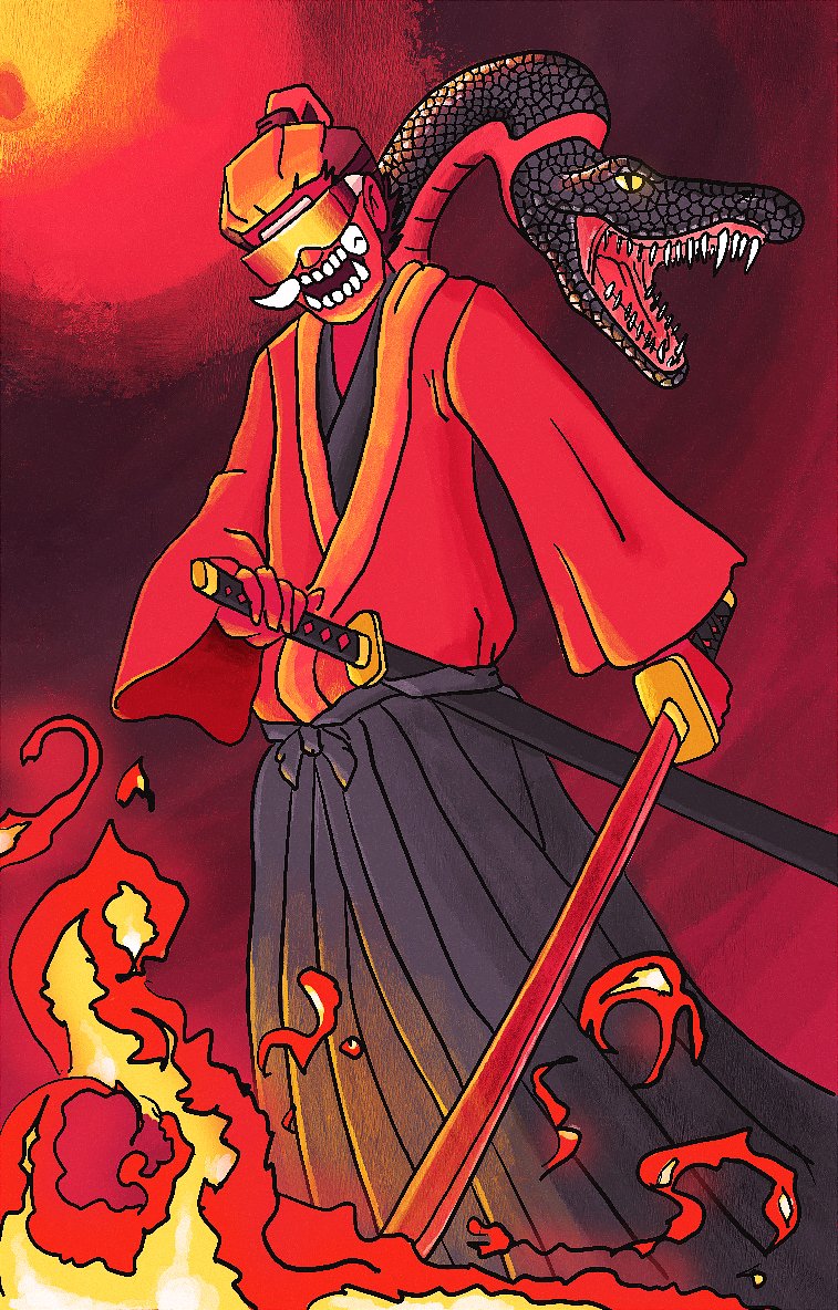 MarcoApoLL0's tweet photo. Fire God Samurai, here is my fanart for the contest #kaijukingzscientist @KaijuKingz https://t.co/R3lOJgFqZc