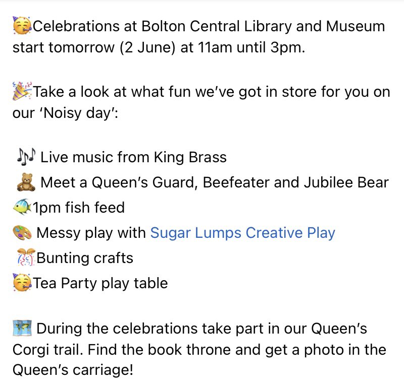 A big Jubilee celebration tomorrow at Central Library and Museum <a href="/BoltonLMS/">Libs and Museums</a>