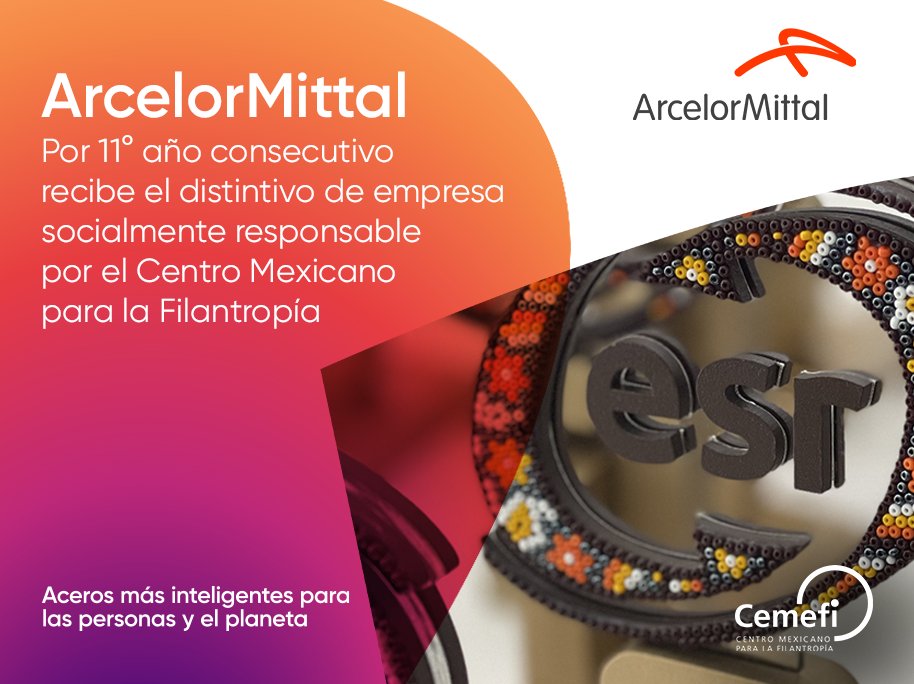ArcelorMittalMX's tweet photo. Con gran orgullo recibimos por 11° año consecutivo el Distintivo de Empresa Socialmente Responsable otorgado por el @Cemefi. Esta distinción reafirma el compromiso que hemos mantenido con nuestras comunidades.
#EncuentroESR  #DistintivoESR #EmpresaSocialmenteResponsable https://t.co/oZW76BE9T8