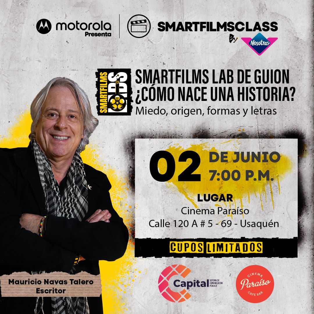 NOS VEMOS EN ESTE LABORATORIO PRESENCIAL DE GUION📝 GRATIS. 🫢
!Los primeros 50 asistentes recibirán GRATIS un combo de chispeta y gaseosa!🍿🥤

<a href="/CanalCapital/">Canal Capital</a> <a href="/cinemaparaiso/">Cinema Paraíso</a> <a href="/amorperfectocaf/">Amor Perfecto Café</a> <a href="/mauricionavast/">Mauricio Navas T.</a> 🖋️

👉🏻REGÍSTRATE 👉🏻 smartfilmsclass.com/laboratorio-gu… PRESENCIAL

#SmartFilms2022