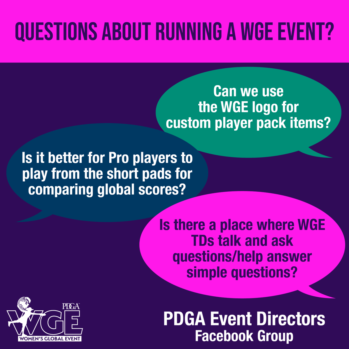 Are you running an event and looking for some feedback or need to bounce some ideas around? 💭

There are a few resources to help out, including a PDGA Event Directors Facebook group that includes TDs with years of experience as well as PDGA Event Support Team staff.

#2022WGE