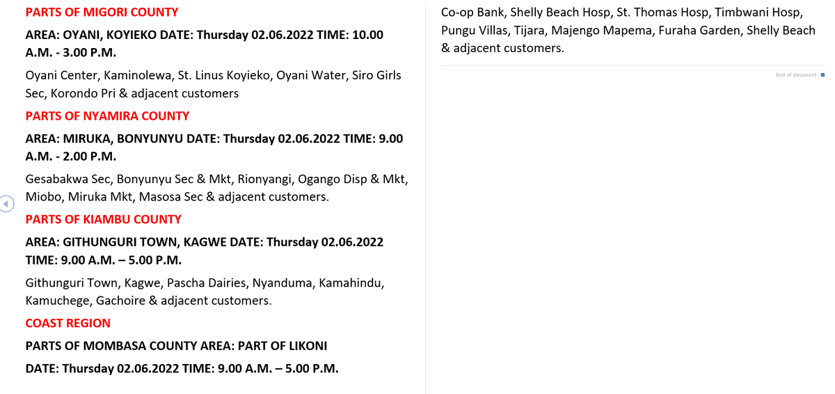 KenyaPower_Care's tweet photo. Good evening. The following areas will be affected by scheduled power interruptions tomorrow 02.06.2022. ^DO. https://t.co/UWLdGv41Fk
