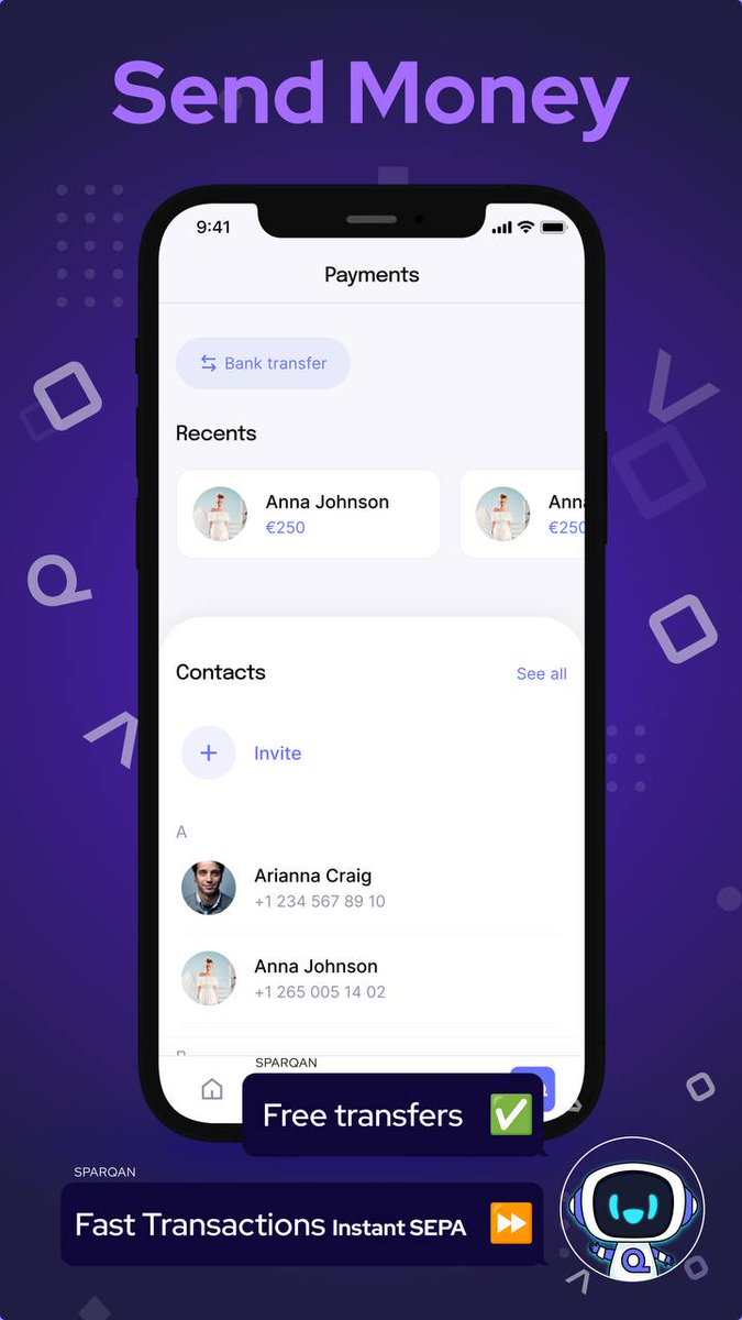 SPARQAN's tweet photo. Find out what features will be available in our upcoming app.📲  make free transfers with your SPARQ app. 💵  Be sure to complete your transactions ASAP with instant SEPA!💳

Who will be the first person who will receive a transfer from you with SPARQ? https://t.co/ZVA8ReJJqr
