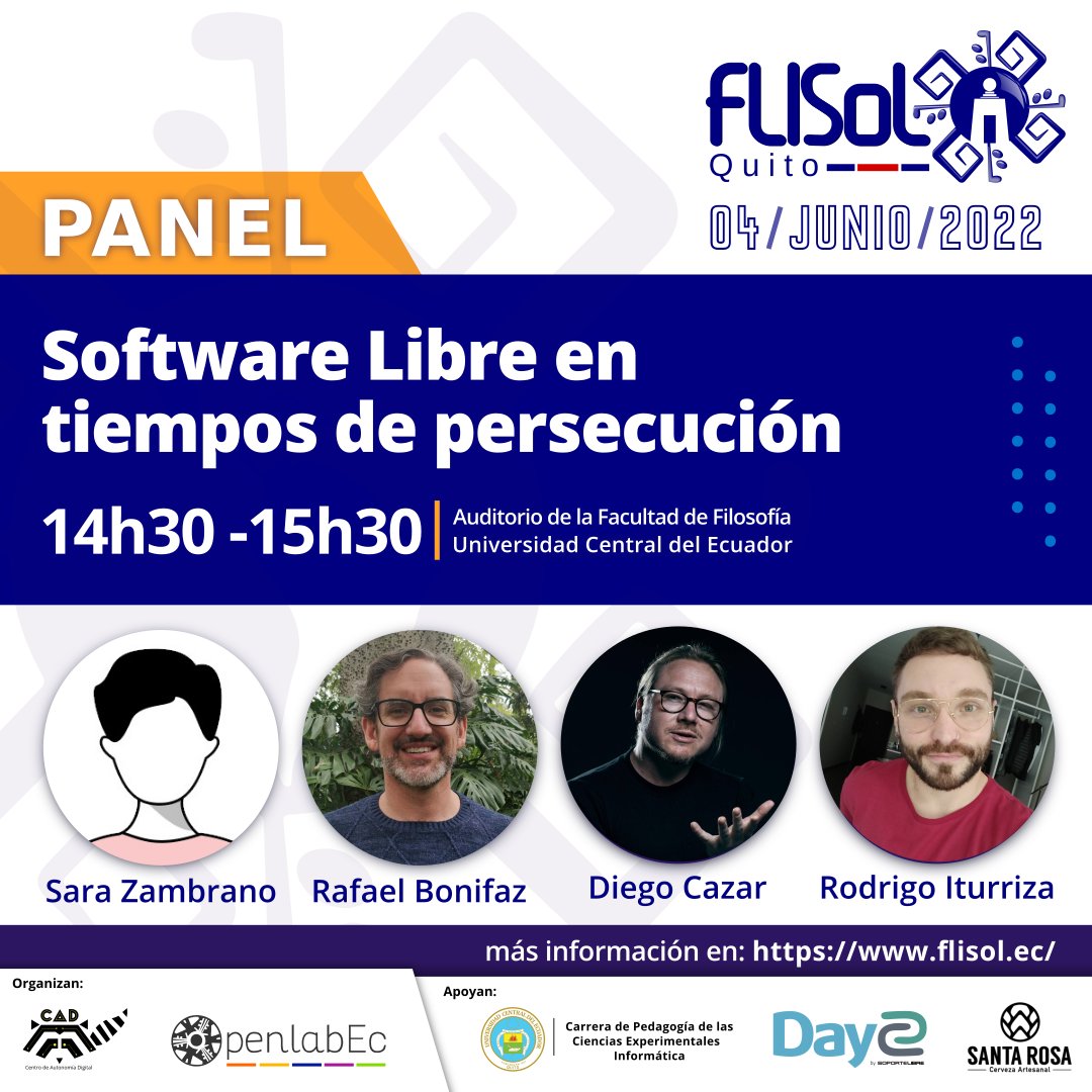 FlisolQuito's tweet photo. 📌#SoftwareLibre en tiempos de persecución | Sara Zambrano, Rafael Bonifaz, Diego Cazar y Rodrigo Iturriza

📆4 de junio
🕔14:30 - 15:30
🏛Universidad Central del Ecuador - Facultad de Filosofía

@somos_CAD @OpenlabEc @lacentralec @soportelibre @santarosabeer https://t.co/tT3d1mTMj6