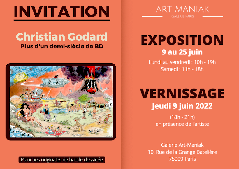 Godard_BD's tweet photo. EXPO CHRISTIAN GODARD PLUS D'UN DEMI-SIÈCLE DE BD. GALERIE ART-MANIAK du 10 au 25 juin 2022. Vernissage le 9 juin 18H-21H #godard #artmaniak #exposition #BD #bandedessinee #francobelge #aquarelles #planchesoriginales #savethedate #parisexpo https://t.co/a7jnOcwzXx