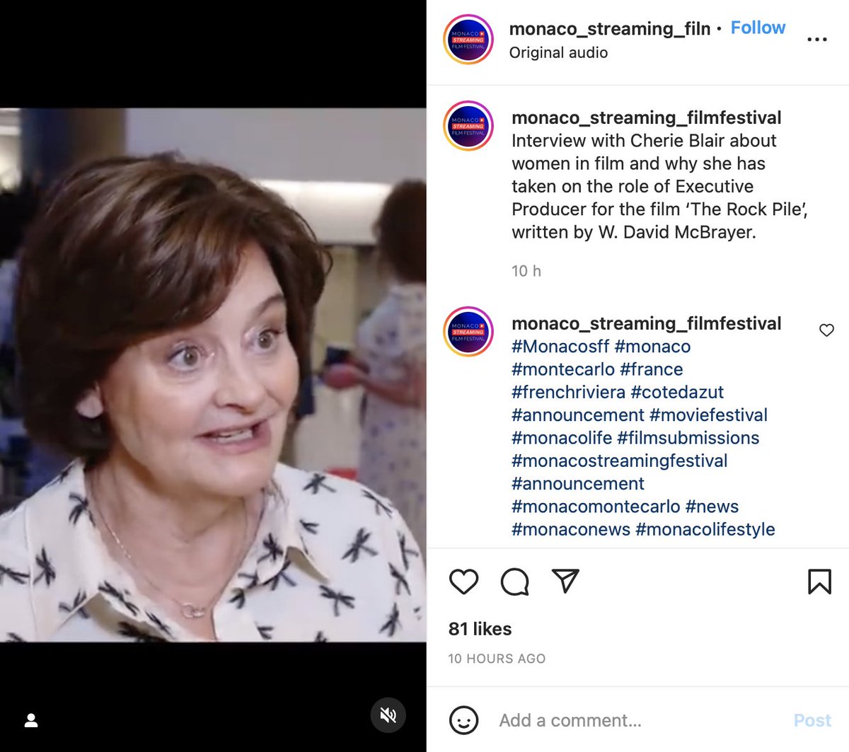 JoejackFilms's tweet photo. Red carpet interview with @CherieBlairQC at the @Monacosff from last night. Cherie shares what drew her to 'The Rock Pile' feature film project, which follows a female war correspondent in present-day Jerusalem.

https://t.co/8IJkU8x4U0

#film #filmfestival @CherieBlairFndn https://t.co/Y4EApiKctp